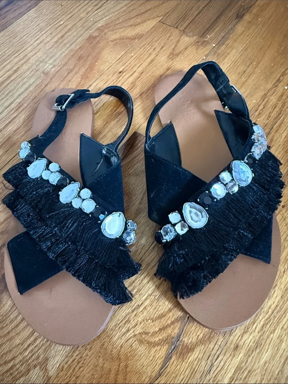 Black Jeweled Fringe Slingback Sandals - Women